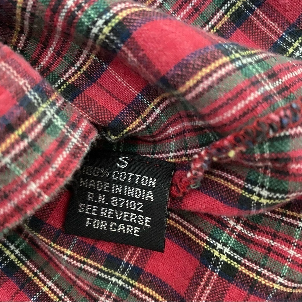 Magazine Red Plaid Button Front Collar Shirt Tab Sleeves Tie Back Sz Small - Picture 7 of 10